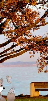 Cartoon fox by bench under autumn leaves by the lake.