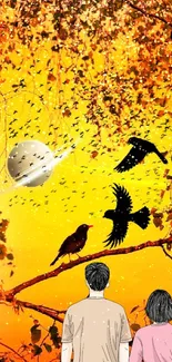 Autumn-themed wallpaper with birds and a couple under a vibrant orange sky.