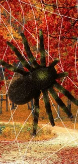 Spider on web against autumn forest backdrop.