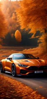 Orange sports car driving through autumn forest road.