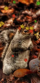 Squirrel in autumn leaves with vibrant colors, perfect for a seasonal phone wallpaper.