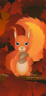 Cartoon squirrel holding acorn amid autumn leaves.