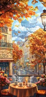 Autumn street cafe view with colorful foliage and elegant cityscape.