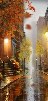 Autumn evening street with warm lights.