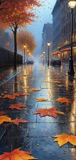 Autumn leaves cover a rainy street at night, illuminated by streetlights.