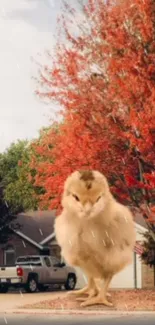 Giant chick on autumn street with orange tree and parked trucks.