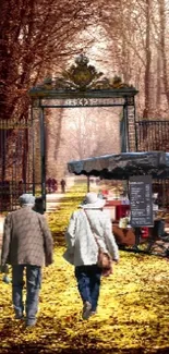 Two people walking in an autumn forest with a vintage cart.