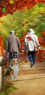 Couple and dog walking on a bridge amidst autumn leaves.