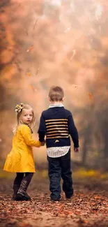 Children walking through vibrant autumn forest path.