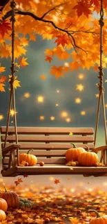 Autumn scene with swing and pumpkins surrounded by orange leaves.