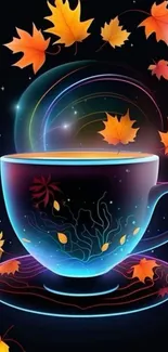 Glowing cup with autumn leaves on a dark background.