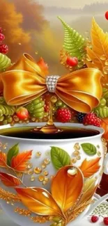 Autumn themed coffee cup with golden leaves and berries.