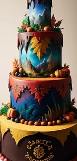 Autumn-themed layered cake with leaves and pumpkins.