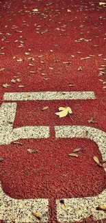 Red track with white number 5 and autumn leaves on a mobile wallpaper.