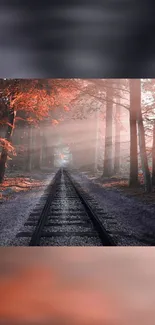 Autumn railway track with orange leaves and sunlight filtering through trees.