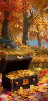 Treasure chest in an autumn forest with colorful leaves.