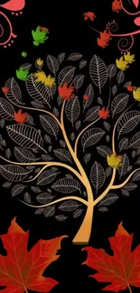 Artistic autumn tree with colorful leaves on a black background.