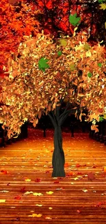 Autumn tree with vibrant orange leaves on a wooden path in high detail.