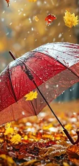 Red umbrella with autumn leaves in rain