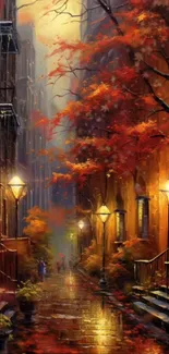 A serene autumn alleyway with streetlights and colorful trees.