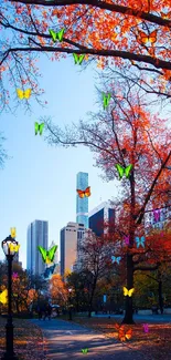 Autumn foliage in urban park with skyline and pathway.