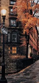 Autumn city street with glowing lamp post and orange foliage.