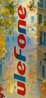 Colorful autumn urban wall art with leaves and building.