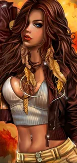 Anime girl with autumn leaves and brown jacket in fall setting.