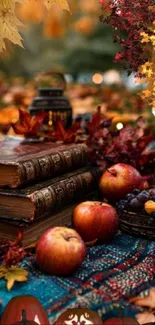 Cozy autumn scene with books, apples, and colorful leaves.