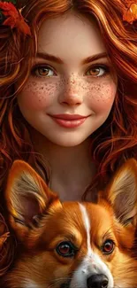 Red-haired woman with dog and autumn leaves.