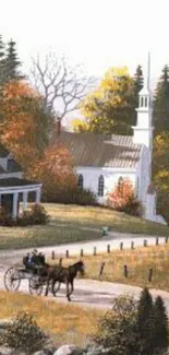 Horse-drawn carriage in autumn village with church and fall colors.