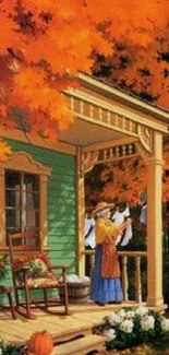 Vintage autumn porch with orange leaves surrounding a cozy scene.