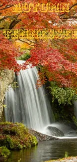 Vibrant autumn waterfall scene with red foliage.