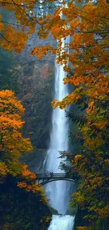 Autumn waterfall with orange foliage and bridge.