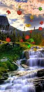 Autumn waterfall with colorful leaves and scenic mountains.