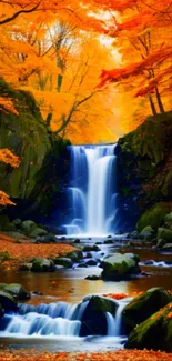 Serene waterfall amidst vibrant autumn leaves in a forest setting.