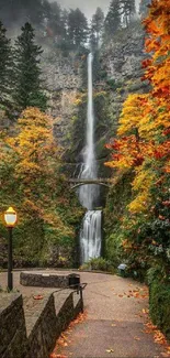 Waterfall amidst vibrant autumn foliage and pathway.