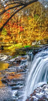 Beautiful autumn waterfall with vibrant foliage.