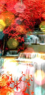 Waterfall with vibrant red autumn leaves.