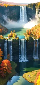 Autumn waterfall with vibrant foliage and serene landscape.