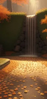 Serene autumn scene with waterfall and fall leaves.