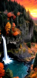 Autumn waterfall with vibrant sunset and forest.