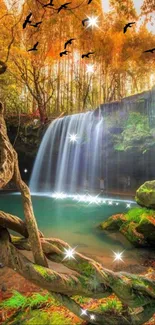 Tranquil autumn waterfall with vibrant foliage and cascading water.