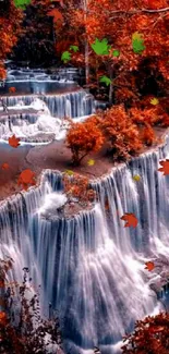 Serene waterfall with vibrant autumn leaves in a tranquil setting.