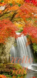 Autumn scenery with vibrant leaves and a cascading waterfall.