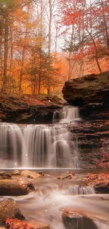 Tranquil waterfall with orange autumn foliage.