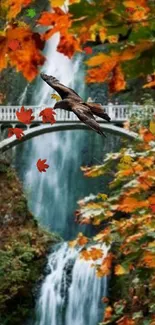 Majestic eagle flying over autumn waterfall with colorful leaves.