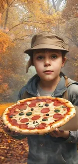 Young explorer with pizza in autumn forest, vibrant and whimsical wallpaper.