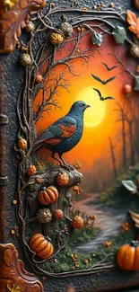 Autumn wildlife art with bird and sunset.