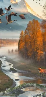 Autumn landscape with wildlife, river, and mountains.